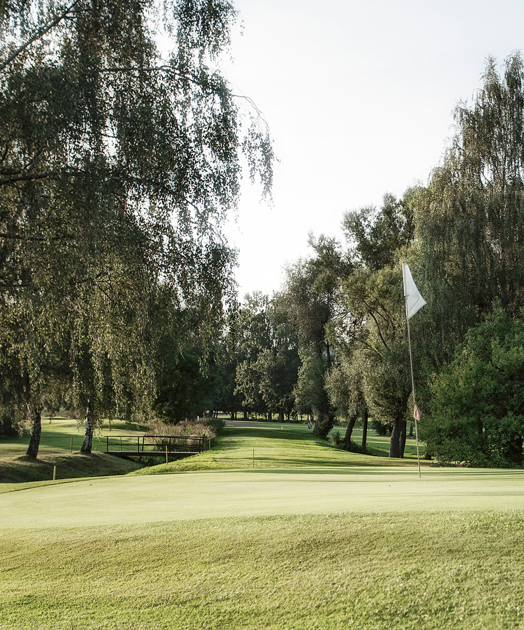 Ein ruhiges Golfgrün, umgeben von hohen Bäumen und natürlicher Landschaft, bietet eine entspannte und idyllische Umgebung. Diese gepflegte Golfanlage ist ideal für Golfliebhaber, die einen erholsamen Aufenthalt in einem Golfhotel genießen möchten.